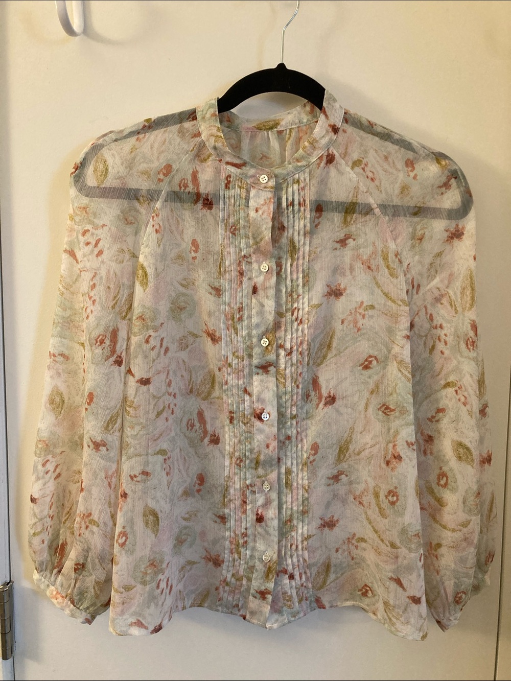 COMPTOIR DES COTONNIERS Sheer Floral Pintuck Long Sleeve Blouse, size XS